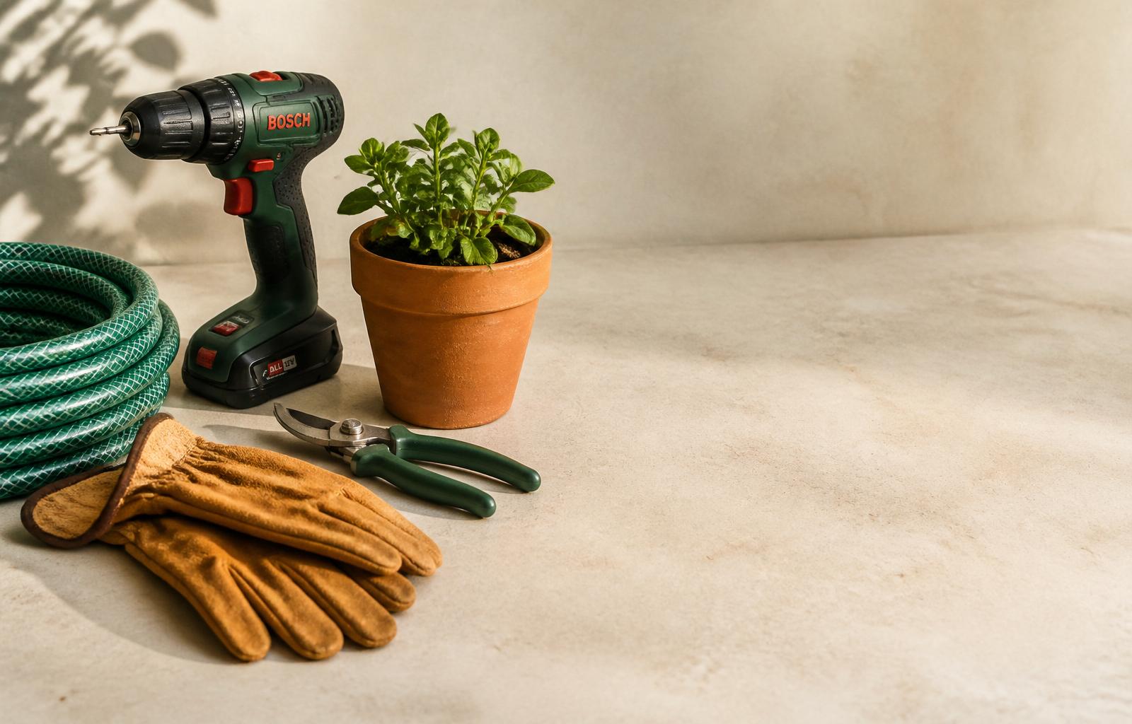 Garden hand tools and terracotta pots